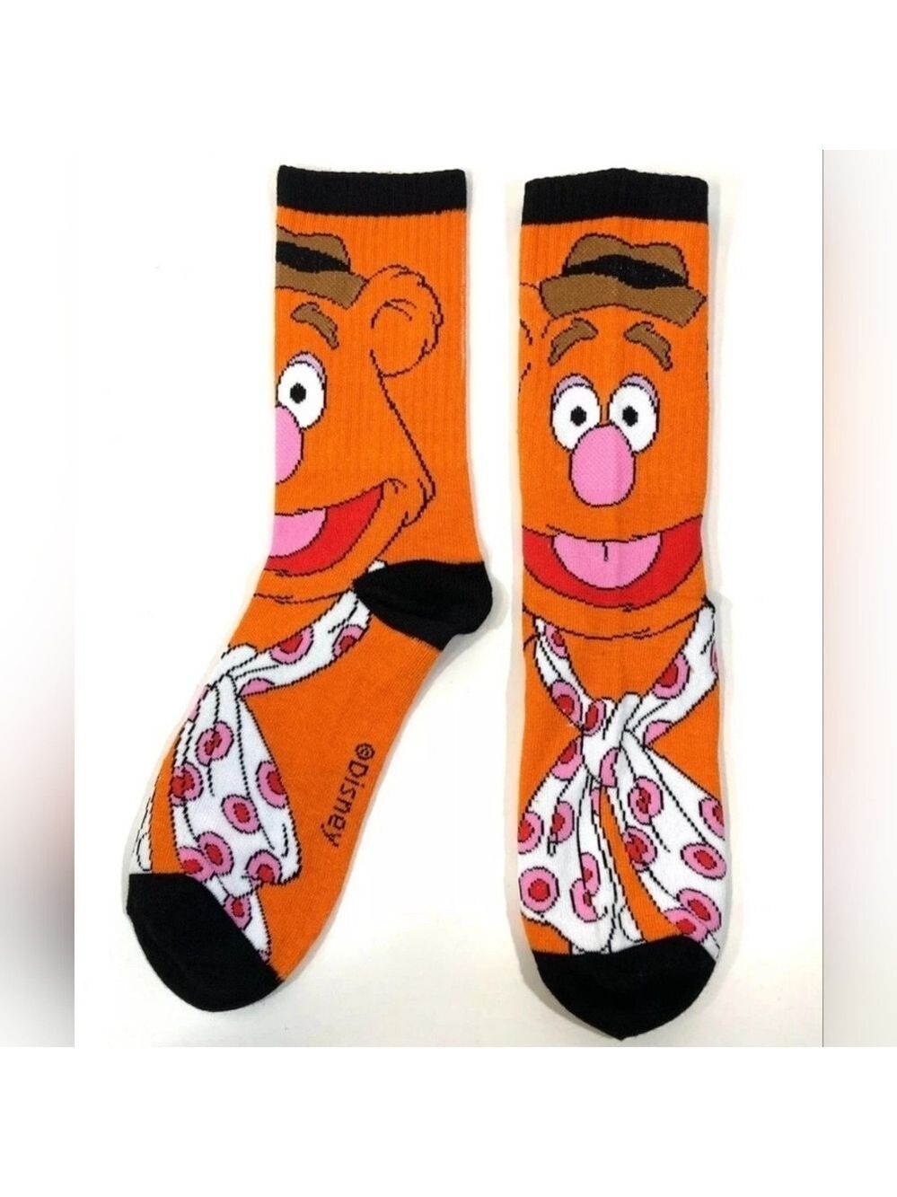 4/$25 Disney Fozzie Bear Orange and Black Graphic Novelty Crew Socks New